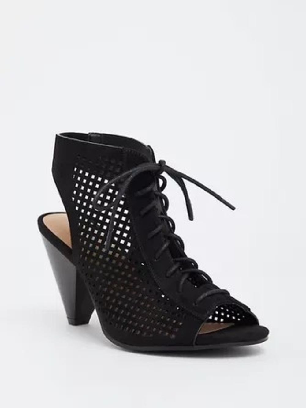 Torrid black perforated lace up cone heels